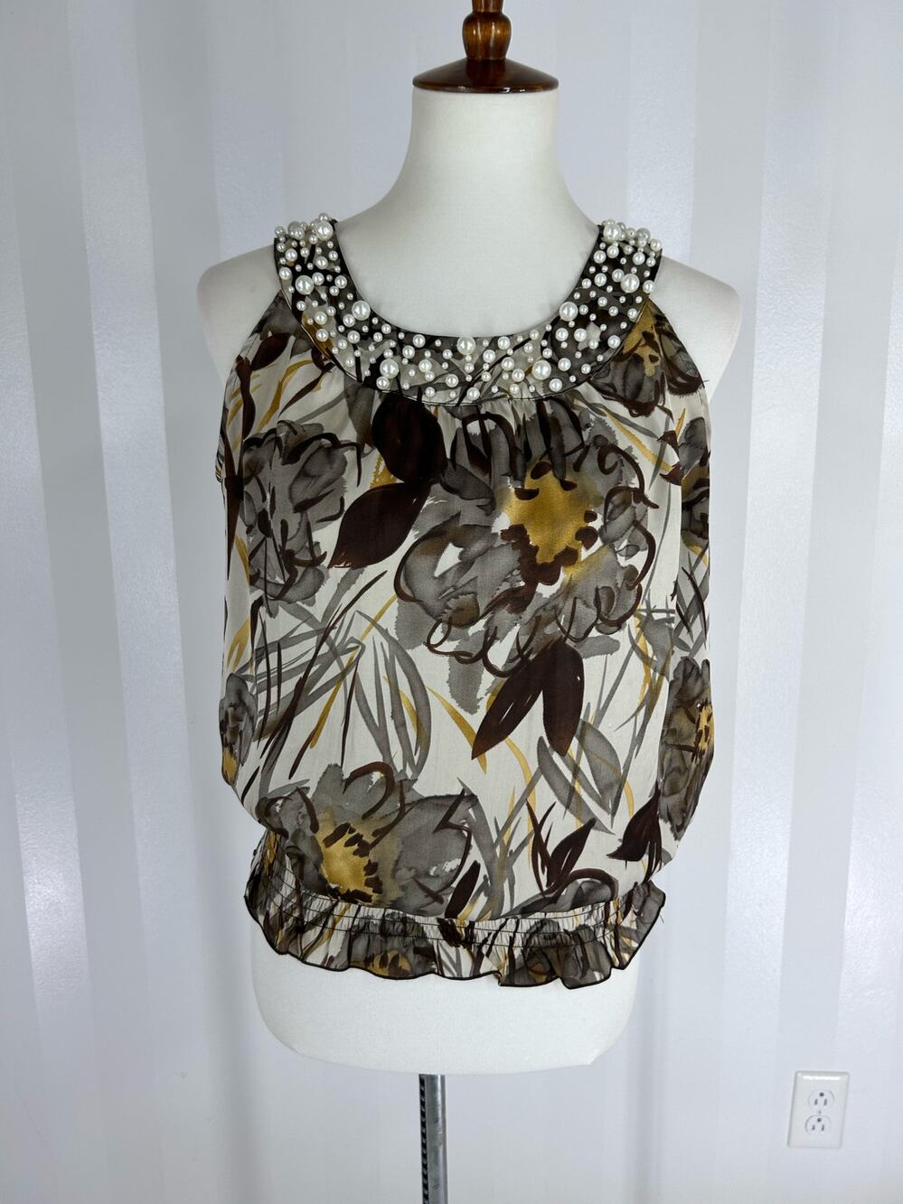 New Directions Floral Pearl Beaded Sleeveless Blouse Boho Top Sz S